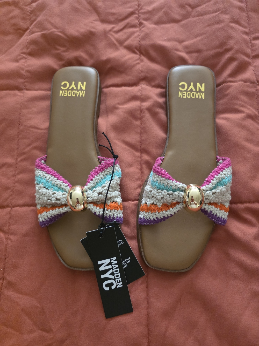 Madden Girl Brown Slide Sandals with Multicolor Crochet Bow